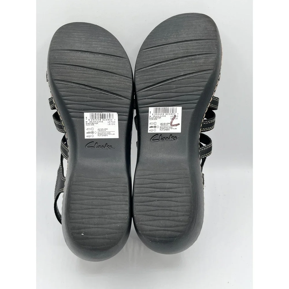 Clarks Delana Curve Black Leather Strappy Wedge Sandals Women Size 10M